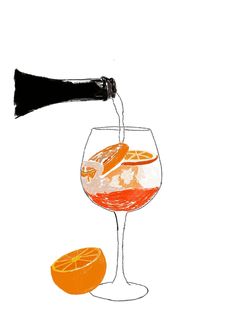 a drawing of an orange being poured into a wine glass with another orange on the side