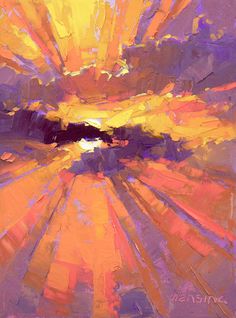 an abstract painting of yellow and purple colors with sunbursts in the background