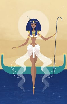 an egyptian woman holding a staff in her hands and standing on the edge of a body of water