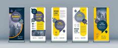 three roll up banners with yellow and black designs