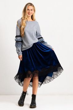 Stretch Ruffled Skirt For Fall, Stretch Ruffled Fall Skirt, Fall Ruffled Stretch Skirt, Blue Ruffled Bottoms For Fall, Blue Lined Maxi Skirt For Fall, Blue Pleated Maxi Skirt For Fall, Blue Long Skirt For Fall, Blue Pleated Skirt For Fall, Blue Ruffled Midi Skirt