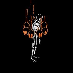 an image of a skeleton holding wine bottles in the air with flames coming out of it