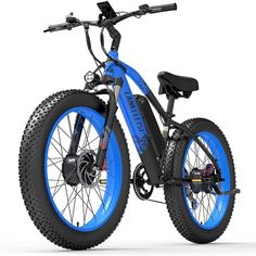 an electric bike with blue spokes on the front and rear wheels, is shown