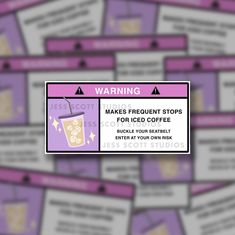 a bunch of signs that are in front of some purple and white boxes with words on them