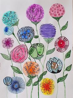 a drawing of flowers on a white paper with green leaves and pink, blue, purple, orange, and red flowers