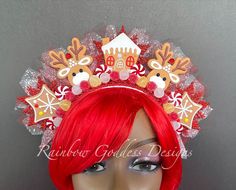 "Oh what fun it is to wear a reindeer gingerbread candy cane wonderland on your head! You will definitely be the life of the party!! This super festive headdress is made up of gingerbread, glitter snowflakes. peppermints, candy gum drops, gems, tulle and metallic leaves. Made on a 1\" white satin headband covered in red sequins trim. Super cute, super sparkly, and oh so fabulous Measurements: Sits about 3.5\" off top of the head About 12\" wide Weighs about 5.6oz Colors: red, brown, yellow, whit Candy Cane Dress Up Day, White Satin Headband, Funny Christmas Hats, Christmas Headdress, Christmas Headbands, Glitter Snowflakes, Work Holiday Party, Holiday Headbands, Christmas Hair Accessories