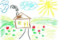 a child's drawing of a house in the field with sun and clouds above