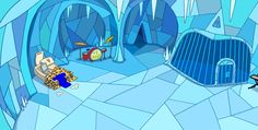 an animated image of a room with blue walls and ice formations on the walls, including a bed