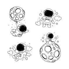 four spaceman stickers on a white background with black and white graphics, including an astronaut