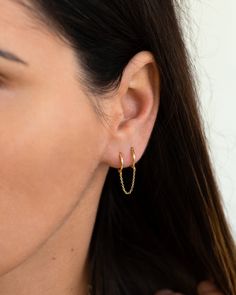 "Two dainty huggie hoops are connected by a delicate chain in this double piercing earring design. Dress it up or down, this simple double huggie hoop earring is perfect to add some layering to your ear stack. ♦ Sold singly (1 piece) or as a pair (2 pieces). * D E T A I L S * ∙ Material: .925 Sterling Silver or 18K Gold Plated over .925 Sterling Silver ∙ Inner diameter: 9mm Chain length: 2.5cm ∙ Hypoallergenic & nickel-free * P A C K A G I N G * ∙ All jewelry is sent out beautifully packaged 2nd Ear Piercing, 3 Lobe Piercings, Double Lobe Piercing, Double Piercing Earring, Piercing Lobe, Tiny Gold Earrings, Double Ear Piercings, Ear Lobe Piercings, Double Earrings