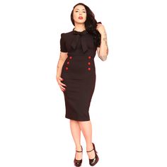 This ravishing retro wiggle dress is a fabulous tribute to classic dress styles. Crafted in a curve hugging stretch blend, this marvelous frock is charming with short puff sleeves and high collared self tie bow embellishment. The banded high waist creates under bust gatherings and structured darting along the pencil skirt that drops to the knees. Adorable accent buttons detail the cuffs and waist, while the hem is vented for movement. Complete with a hidden back zipper, 22% Nylon 74% Rayon 4%Spa Black Fitted Dress For Retro-themed Events, Fitted Black Dresses For Retro-themed Events, 1950s Style Fitted Knee-length Dress, Retro Fitted Dress For Retro-themed Events, Fitted Rockabilly Dress For Retro-themed Events, Black Fitted Pinup Dress, Fitted Knee-length Retro Dresses, 1950s Style Fitted Dress For Retro Events, Fitted Dresses For 1950s Retro-themed Events