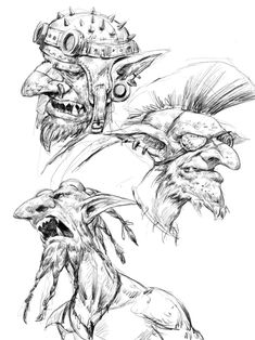 three sketches of different animals with helmets on their heads