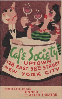 an old advertisement for cafe society with three cats drinking wine