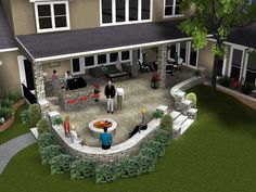 an artist's rendering of a backyard with people standing around the fire pit and grilling