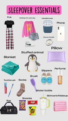 a poster with the words sleepover essentials in english and spanish, including an image of