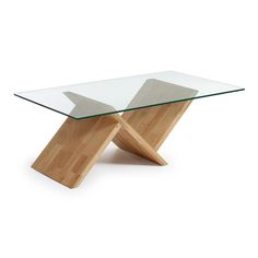 a glass table with wooden legs on white background