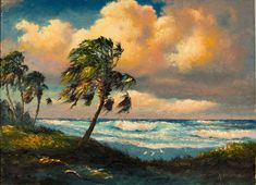 an oil painting of palm trees on the beach with clouds in the sky over the ocean