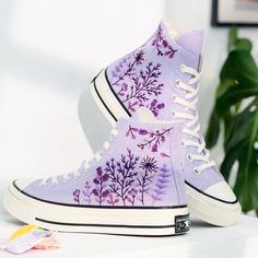 Low Top Converse Embroidered, Purple Embroidered Converse, Personalized Converse, Custom Converse Shoes, Cute Converse Shoes, Garden Purple, Purple Converse, Embroidered Converse, Cute Converse