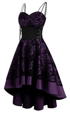 PRICES MAY VARY. High Quality Material - The vintage steampunk dress made of 65% Cotton and 35% Polyester, comfortable, breathable, elastic, durable,floral lace hollow stitching fabric, full of personality, fashion and elegance Spaghetti Strap Gothic Dress - Renaissance retro a-line dress, suspenders strap, adjustable waist lacing for a better fit, wrap v-neck, zipper closure, backless,swinging hem design,high low hem,waist-cinching design to show your figure curves and Elegance Gorgeous Asymmet Lace High Low Dress, Lace Bandage Dress, Dark Purple Dresses, Vintage Steampunk, Bandage Dresses, Dresses Floral