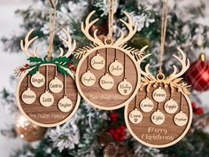 three wooden ornaments hanging from a christmas tree with the names of each family on them