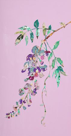 a branch with leaves and beads hanging from it's end on a pink background