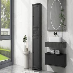 a bathroom with a sink, mirror and cabinet in it's corner next to a window