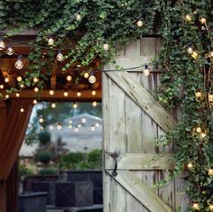 an open wooden door with string lights hanging from it's sides and vines growing over the doors