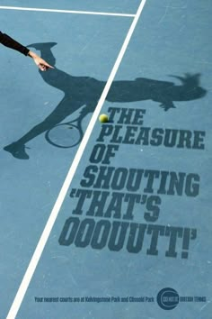 a man holding a tennis racquet on top of a tennis court with the words, the pleasure of shooting that's doout