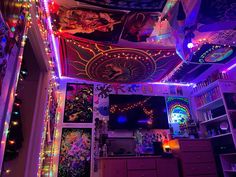 the room is decorated with colorful lights and decorations