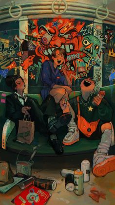 a painting of people sitting on a couch in front of a wall covered with graffiti