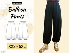 an image of a woman's pants sewing pattern with the text balloon pants xxs - 6xl