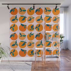 an orange wall mural in a living room