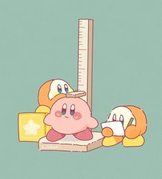 two cartoon characters are standing next to a tall measuring ruler with an orange and white cat on it