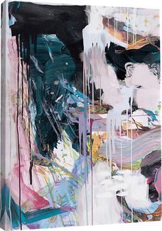 an abstract painting with black, white, and pink colors on it's surface