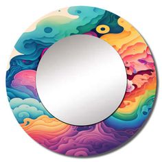 a circular mirror with an abstract design on the front and sides, in multicolored clouds