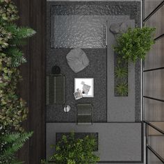 an overhead view of a living room with plants