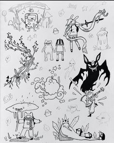 black and white drawing of various cartoon characters