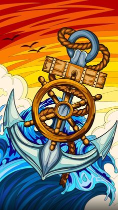 an anchor and steering wheel on the waves in front of a colorful sky with clouds