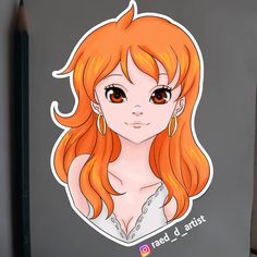 an orange haired girl with long hair and big eyes sticker on a refrigerator door