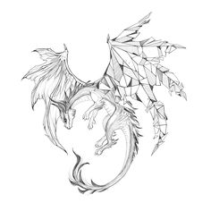 a black and white drawing of a dragon with geometric shapes on it's wings