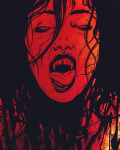 a drawing of a woman with her mouth open and eyes closed, in front of a red background