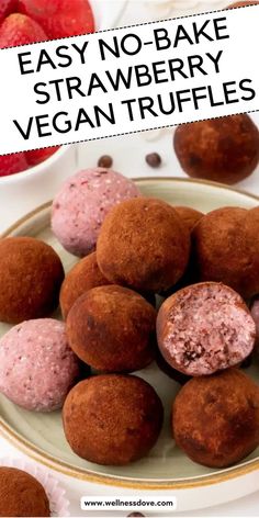 These easy strawberry vegan truffles are a must-try! With no baking required and only 5 simple ingredients, they’re a nourishing, naturally sweet treat you can enjoy any time. Ready in minutes! Vegan Truffles, Truffles Recipe, Baked Strawberries, Healthy Treat, Paleo Chocolate, Truffle Recipe