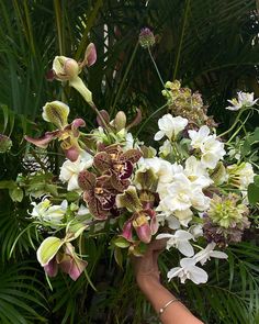 a person holding a bouquet of flowers in their hand with palm trees behind them and foliage