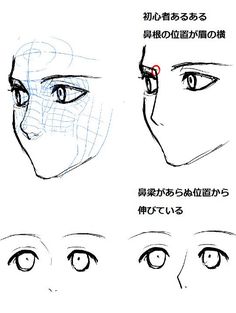 an anime character's eyes and nose are shown in three different ways, with the words