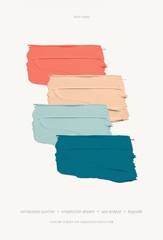 four different shades of blue, pink, orange and white paint on a white background