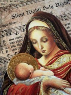 a painting of the virgin mary holding a baby in her arms with sheet music behind it