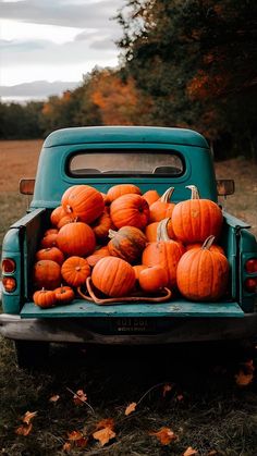 a pick up truck with pumpkins in the back