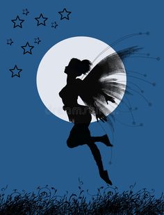 the silhouette of a fairy flying in front of a full moon with stars royalty illustration