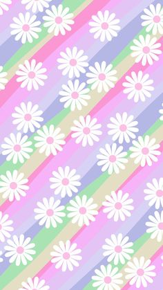 a pattern with white daisies on a multi - colored striped background in pastel colors