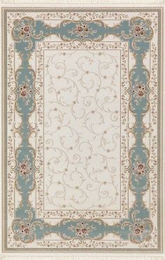 an area rug with blue and white designs on the border, in front of a beige background